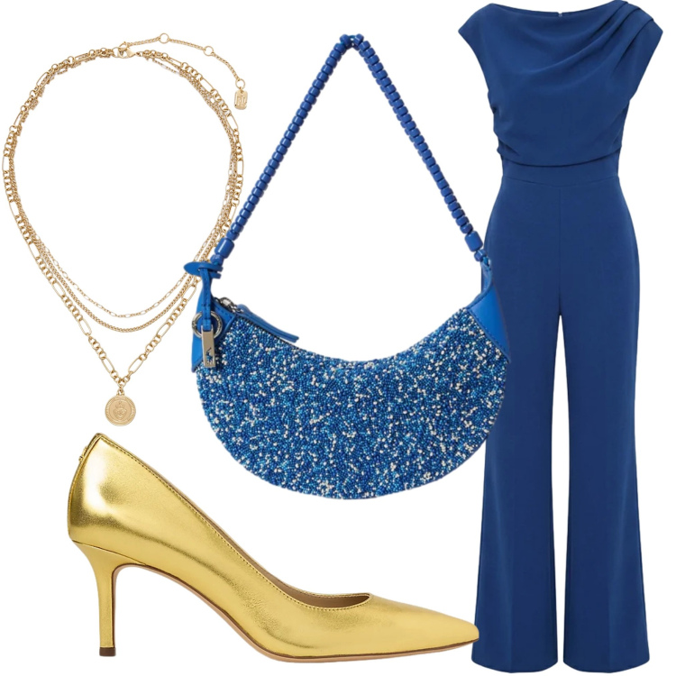 Outfit donna - Oro e glitter. Stile Chic per Serata fuori. Abbinamento con tute, ciondoli, décolleté, borse a spalla.