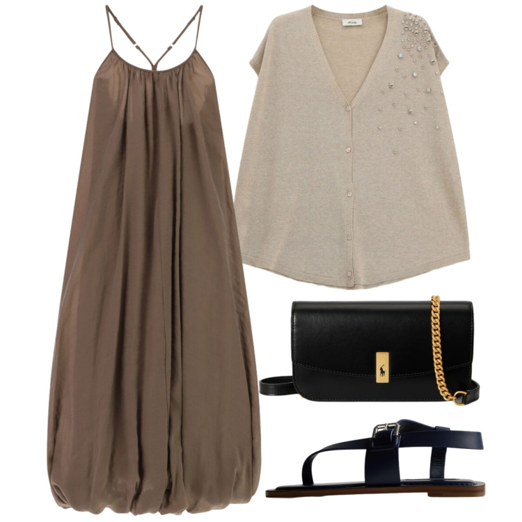 Outfit donna - Less Straps, More Style. Stile Chic per Serata fuori. Abbinamento con vestiti lunghi, gilet, clutch, sandali in pelle.