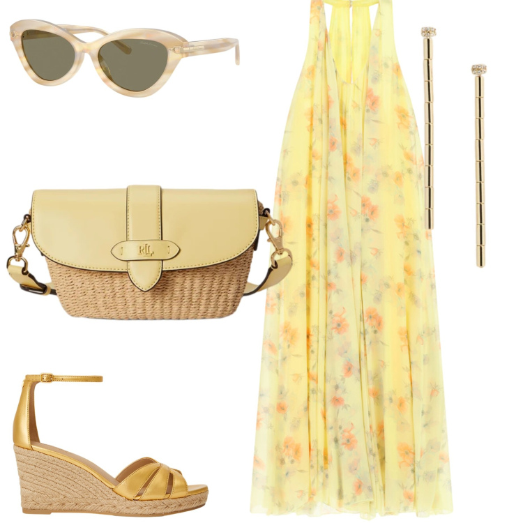 Outfit donna - Colori d\'estate. Stile Romantica per Serata fuori. Abbinamento con vestiti lunghi, zeppe, borse a tracolla, occhiali da sole, orecchini.