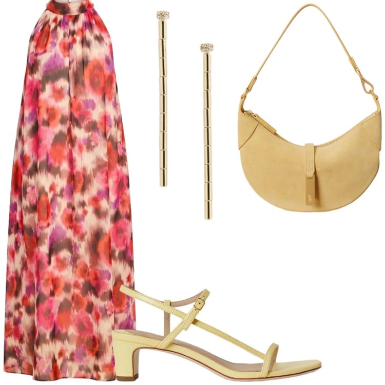 Outfit donna - A fiori e giallo in vista. Stile Glamour per Serata fuori. Abbinamento con vestiti lunghi, sandali in pelle, orecchini, borse a spalla.