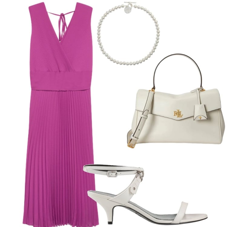 Outfit donna - Ciclamino. Stile Bon Ton per Serata fuori. Abbinamento con sandali in pelle, vestiti lunghi, collane, borse a mano.