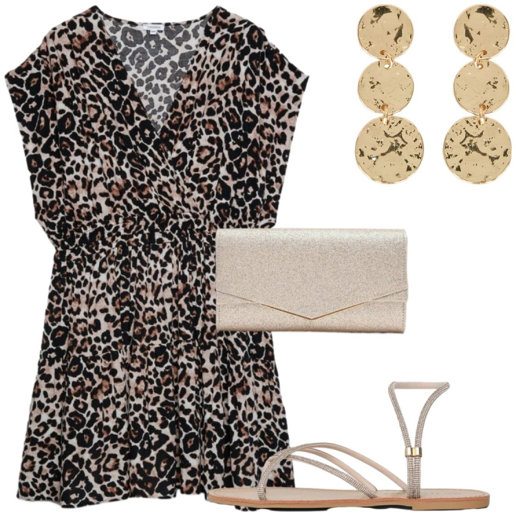 Outfit donna - Maculato e oro. Stile Glamour per Serata fuori. Abbinamento con sandali, vestiti corti, clutch, orecchini.