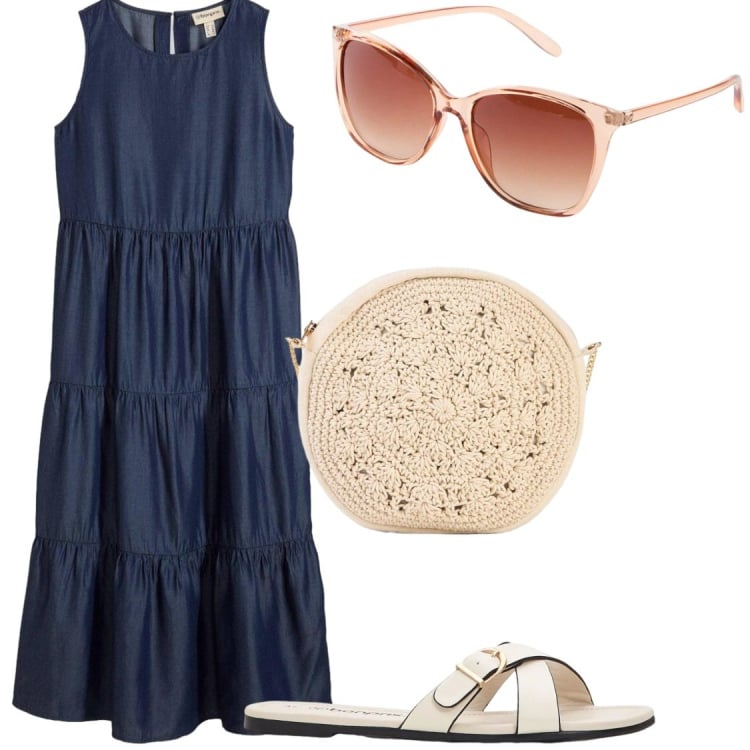 Outfit donna - In jeans leggero. Stile Chic per Tutti i giorni. Abbinamento con occhiali da sole, ciabatte, borse a tracolla, vestiti midi/longuette.