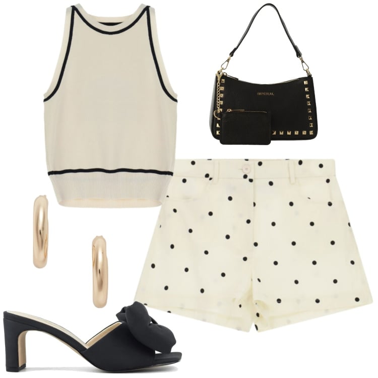 Outfit donna - Giugno. Stile Casual chic per Tutti i giorni. Abbinamento con borse a spalla, top, shorts, orecchini, sandali col tacco.