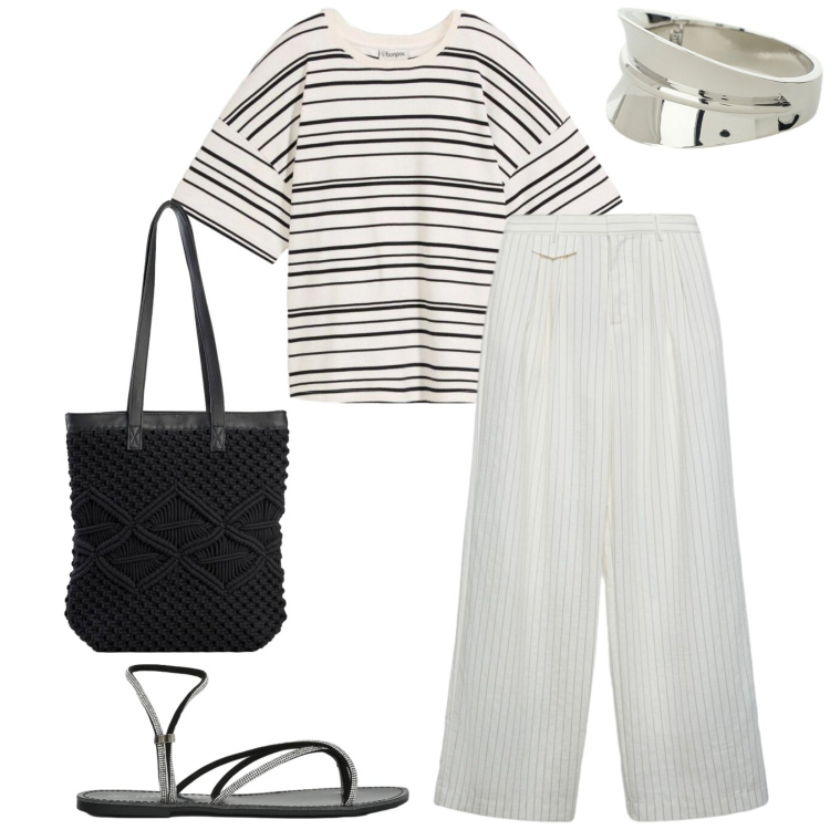 Outfit donna - Total look #2415623. Stile Casual per Tutti i giorni. Abbinamento con t-shirt, shopping bag, sandali, pantaloni, braccialetti.