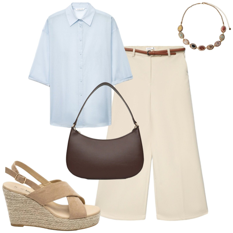 Outfit donna - In ufficio. Stile Urban per Ufficio. Abbinamento con sandali col tacco, pantaloni, borse a tracolla, camicie a manica corta, collane.