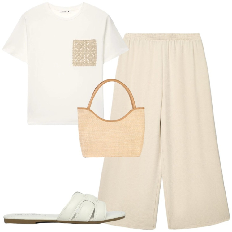 Outfit donna - Bianco e leggerrezza. Stile Casual chic per Tutti i giorni. Abbinamento con shopping bag, t-shirt, ciabatte, pantaloni.