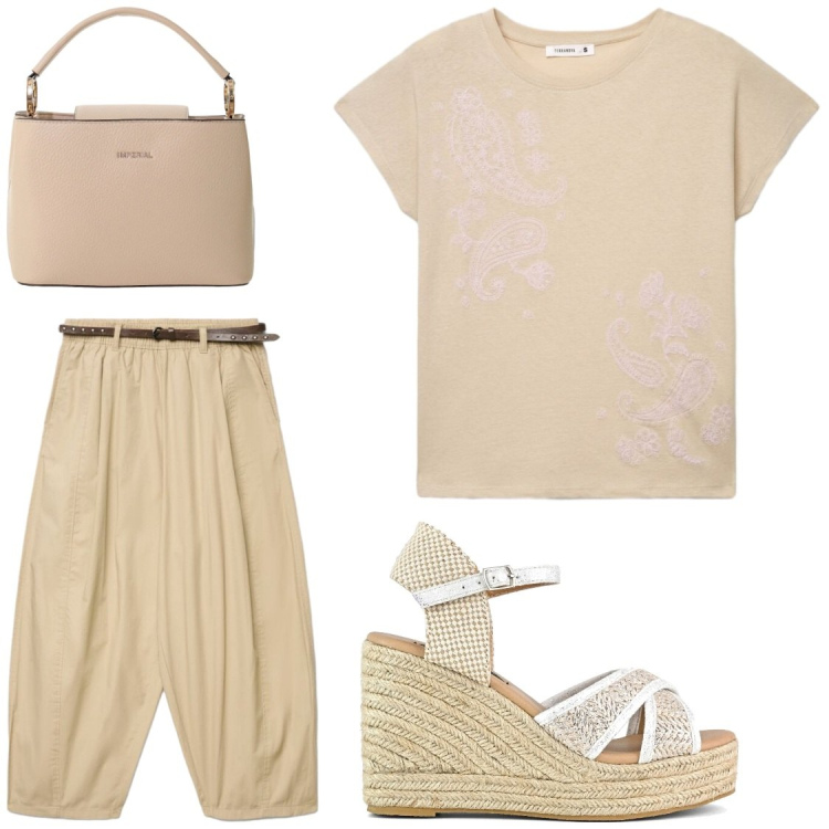 Outfit donna - Tratti di strada sotto il sole. Stile Chic per Ufficio. Abbinamento con t-shirt, pantaloni, borse a secchiello, zeppe.
