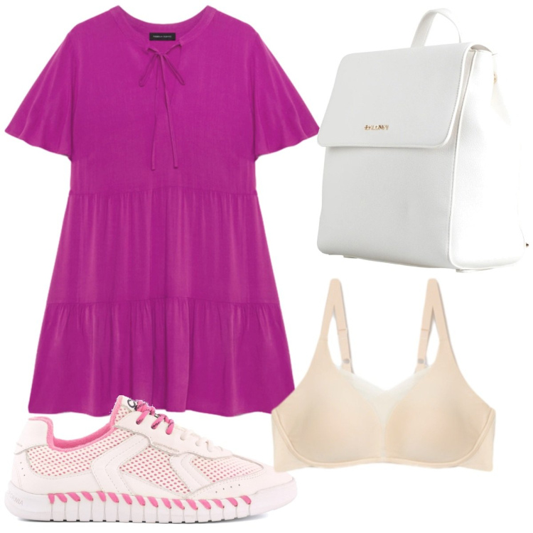 Outfit donna - Ciclamino. Stile Casual per Tutti i giorni. Abbinamento con zaini, reggiseni, vestiti corti, sneakers.