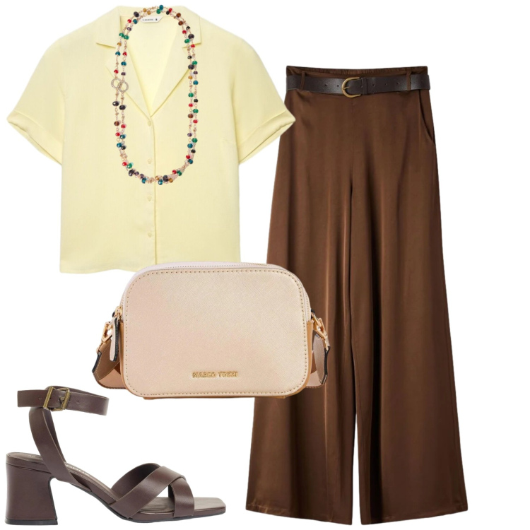 Outfit donna - In ufficio. Stile Urban per Ufficio. Abbinamento con borse a tracolla, sandali col tacco, camicie a manica corta, pantaloni, collane.