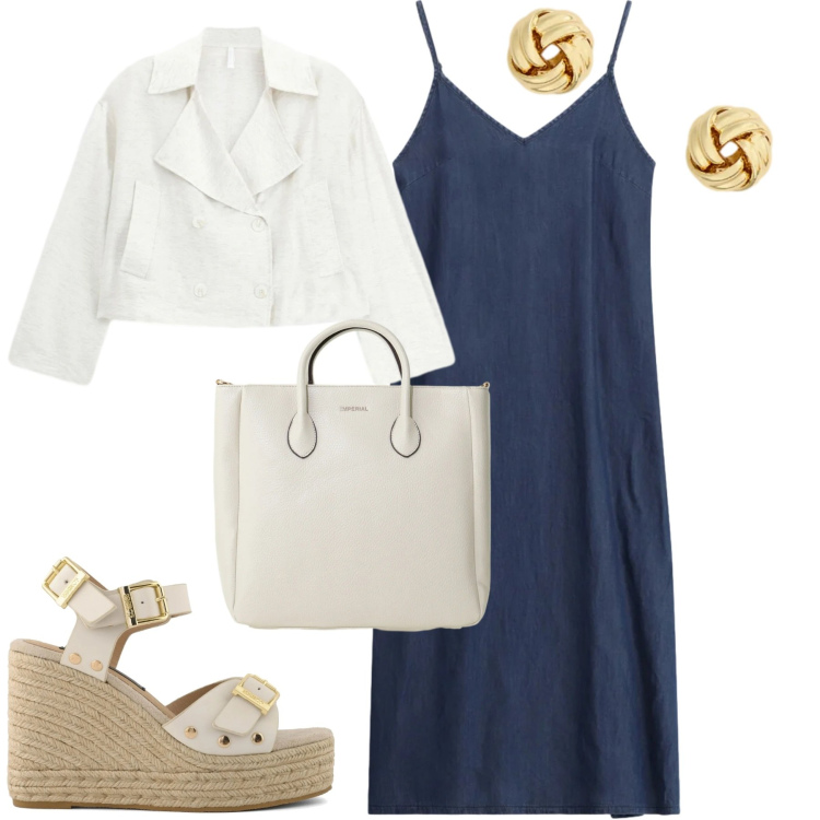 Outfit donna - City. Stile Urban per Tutti i giorni. Abbinamento con borse a tracolla, blazer, vestiti midi/longuette, orecchini, zeppe.