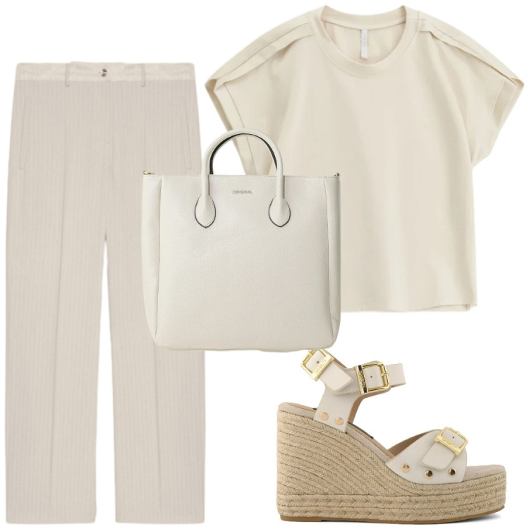 Outfit donna - Total beige. Stile Chic per Ufficio. Abbinamento con top, borse a tracolla, pantaloni, zeppe.