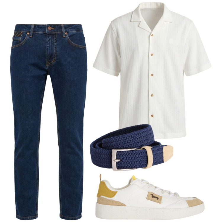 Outfit uomo - Casual estivo. Stile Casual per Tutti i giorni. Abbinamento con sneakers, cinture, pantaloni, camicie a manica corta.