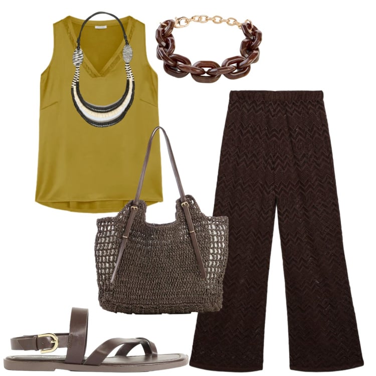 Outfit donna - Giugno. Stile Urban per Tutti i giorni. Abbinamento con shopping bag, braccialetti, sandali, pantaloni, top, collane.