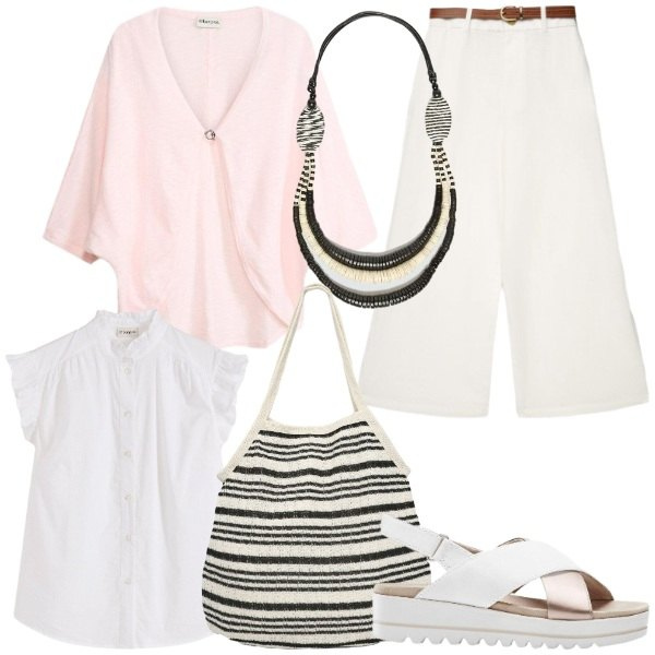 Outfit donna - Prime sere d’estate. Stile Casual chic per Serata fuori. Abbinamento con cardigans, sandali, bluse, pantaloni a palazzo, shopping bag, collane.