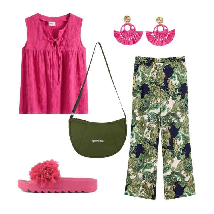 Outfit donna - FruFru. Stile Etnico per Tutti i giorni. Abbinamento con pantaloni, orecchini, top, borse a spalla, ciabatte.