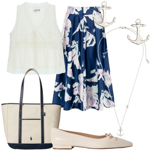Outfit donna - Magiche serate d’estate. Stile Glamour per Serata fuori. Abbinamento con top, gonne longuette, borse tote, ballerine, orecchini, ciondoli.