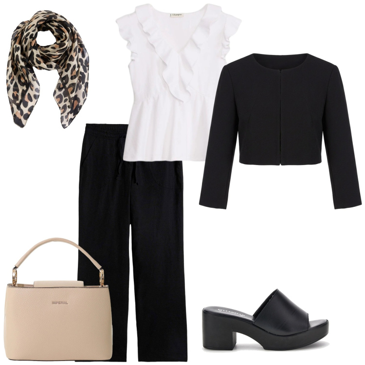 Outfit donna - Serata elegante. Stile Romantica per Serata fuori. Abbinamento con pantaloni a palazzo, foulard, bluse, bolero, borse a secchiello, zoccoli.