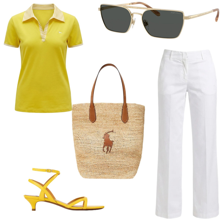 Outfit donna - Freschezza estiva. Stile Casual chic per Tutti i giorni. Abbinamento con polo, pantaloni, borse tote, sandali col tacco, occhiali da sole.