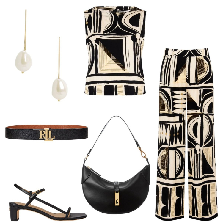 Outfit donna - Total look #2415644. Stile Chic per Tutti i giorni. Abbinamento con pantaloni a palazzo, top, borse a spalla, cinture, sandali in pelle, orecchini.