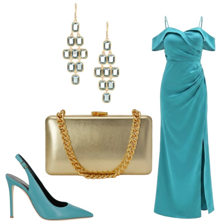 Outfit donna - Come una dea. Stile Chic per Cerimonia. Abbinamento con décolleté, vestiti lunghi, clutch, orecchini.