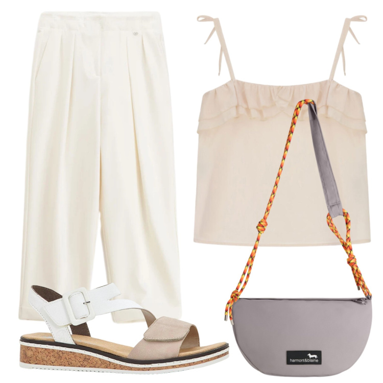 Outfit donna - Total look #2415647. Stile Casual chic per Tutti i giorni. Abbinamento con sandali, borse a tracolla, pantaloni, top.