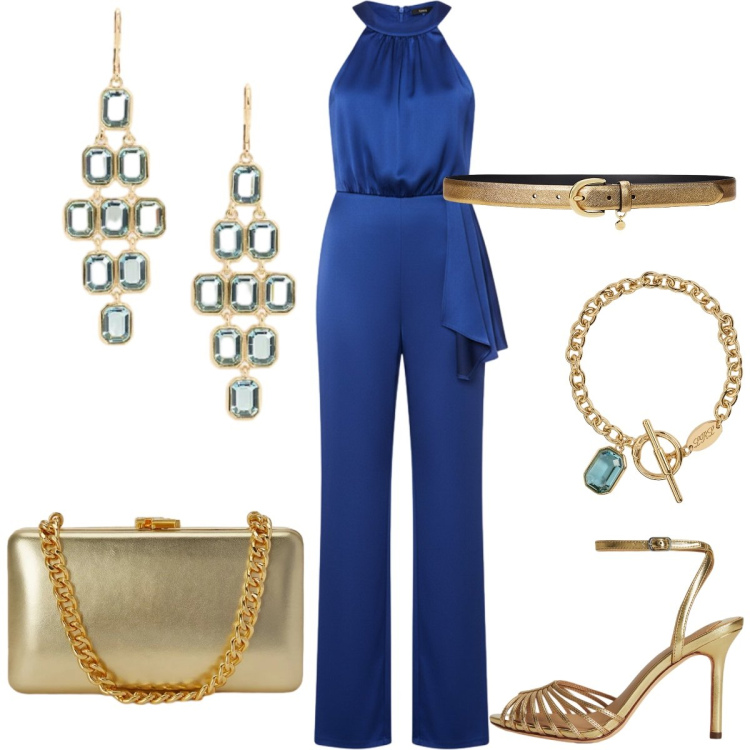 Outfit donna - Total look #2415648. Stile Chic per Cerimonia. Abbinamento con tute, clutch, braccialetti, sandali in pelle, orecchini, cinture.