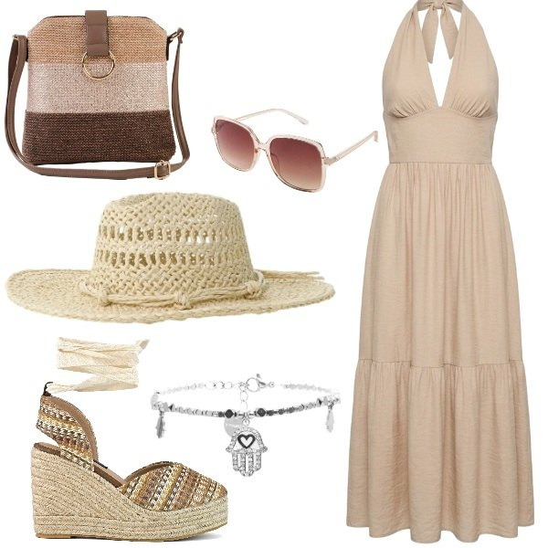 Outfit donna - Total look #2415649. Abbinamento con occhiali da sole, borse a tracolla, vestiti lunghi, cappelli, braccialetti, zeppe.
