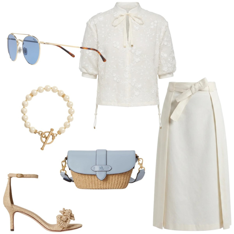 Outfit donna - Total look #2415652. Stile Casual chic per Tutti i giorni. Abbinamento con gonne longuette, bluse, borse a spalla, collane, sandali in pelle, occhiali da sole.