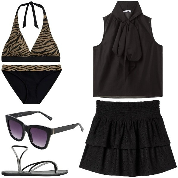 Outfit donna - Total look #2415653. Abbinamento con bikini, bikini, occhiali da sole, canottiere, minigonne, sandali.