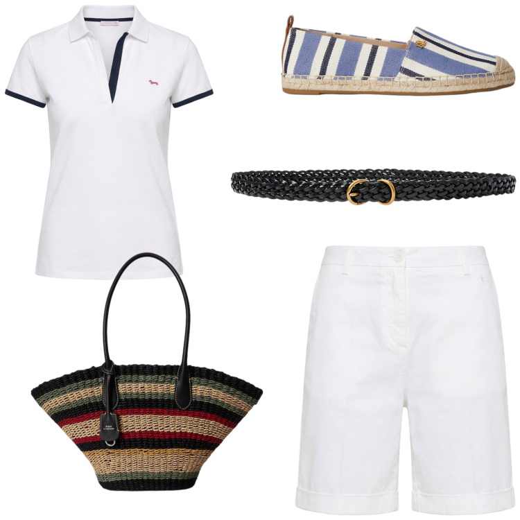 Outfit donna - Aperitivo vista mare. Stile Casual chic per Tutti i giorni. Abbinamento con polo, bermuda, cinture, borse tote, espadrillas.