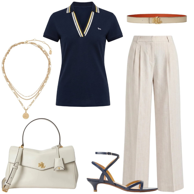 Outfit donna - Total look #2415656. Stile Casual chic per Tutti i giorni. Abbinamento con polo, pantaloni, cinture, ciondoli, sandali col tacco, borse a mano.