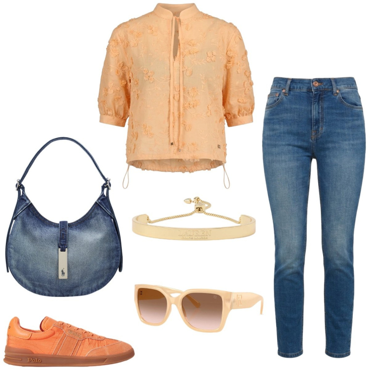 Outfit donna - Total look #2415657. Stile Casual chic per Tutti i giorni. Abbinamento con bluse, jeans, borse a spalla, occhiali da sole, sneakers, braccialetti.