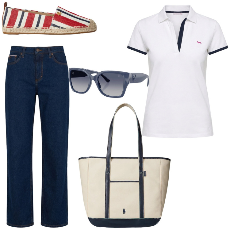 Outfit donna - Sapore mediterraneo. Stile Casual chic per Tutti i giorni. Abbinamento con polo, jeans, occhiali da sole, borse tote, espadrillas.