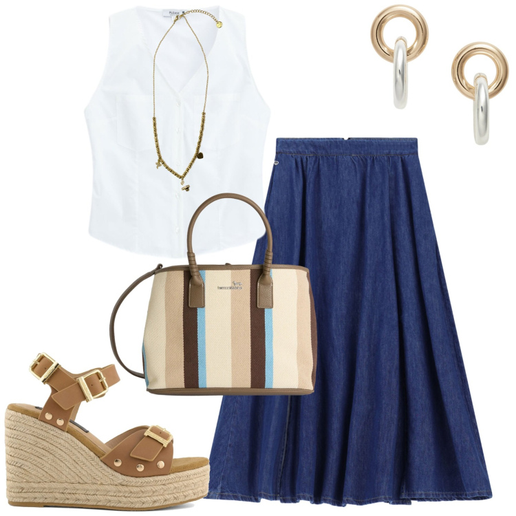 Outfit donna - City. Stile Urban per Tutti i giorni. Abbinamento con shopping bag, gonne lunghe, camicie, ciondoli, orecchini, zeppe.