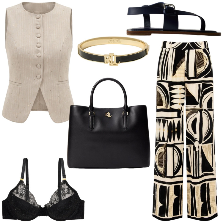 Outfit donna - Geometrie sofisticate. Stile Chic per Tutti i giorni. Abbinamento con gilet, pantaloni a palazzo, borse a mano, reggiseni, braccialetti, sandali in pelle.