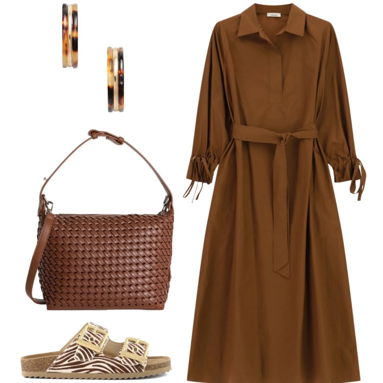 Outfit donna - Colori terrosi. Stile Casual chic per Tutti i giorni. Abbinamento con borse a spalla, vestiti midi/longuette, orecchini, sandali in pelle.