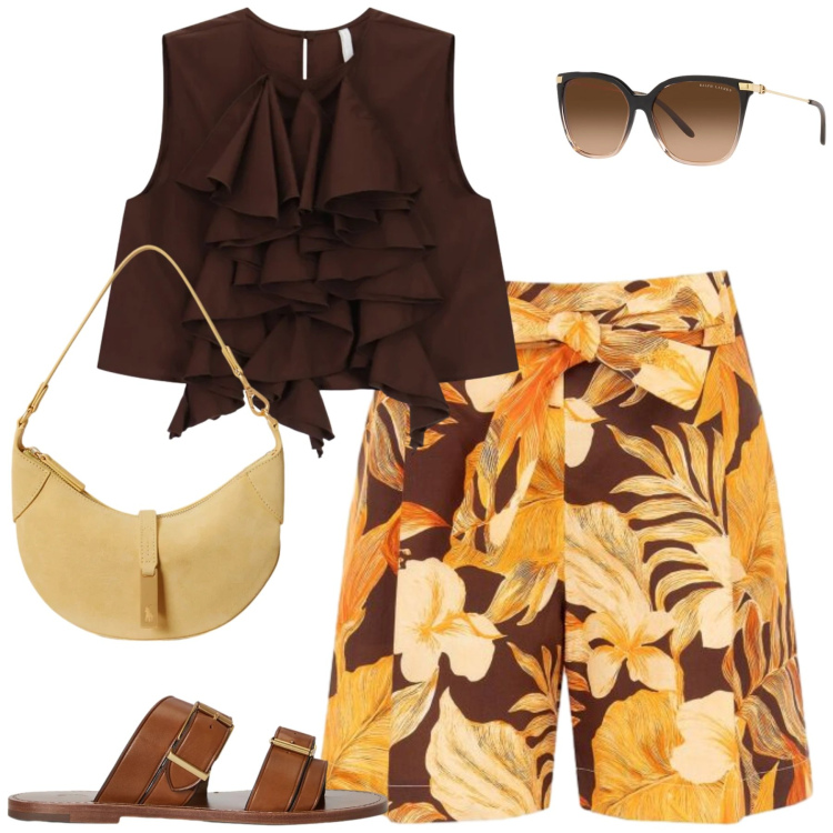 Outfit donna - Al mare. Stile Casual chic per Mare. Abbinamento con canottiere, pantaloni corti, sandali in pelle, occhiali da sole, borse a spalla.