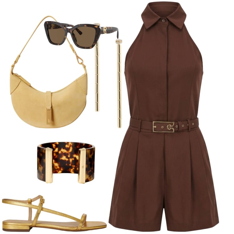 Outfit donna - Cacao. Stile Casual chic per Tutti i giorni. Abbinamento con tuta corta, sandali in pelle, occhiali da sole, orecchini, braccialetti, borse a spalla.