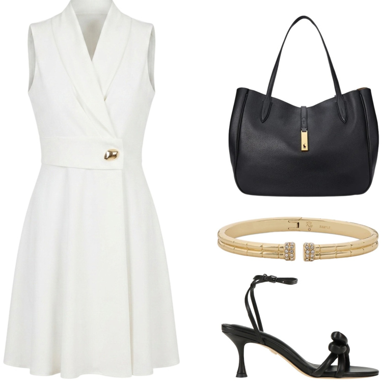 Outfit donna - Look femminile e curato. Stile Chic per Tutti i giorni. Abbinamento con sandali in pelle, vestiti asimmetrici, borse tote, braccialetti.