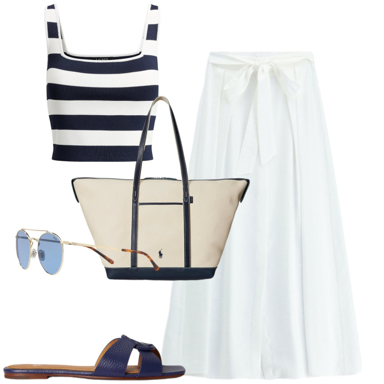 Outfit donna - Summer. Stile Casual chic per Tutti i giorni. Abbinamento con gonne lunghe, borse tote, top, sandali in pelle, occhiali da sole.
