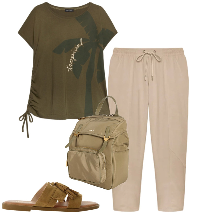 Outfit donna - Giugno. Stile Casual per Tutti i giorni. Abbinamento con zaini, sandali, t-shirt, pantaloni.
