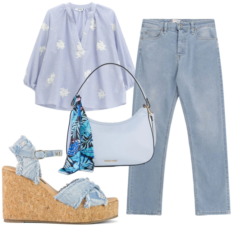 Outfit donna - Total look #2415673. Stile Casual per Tutti i giorni. Abbinamento con borse a mano, bluse, jeans, zeppe.
