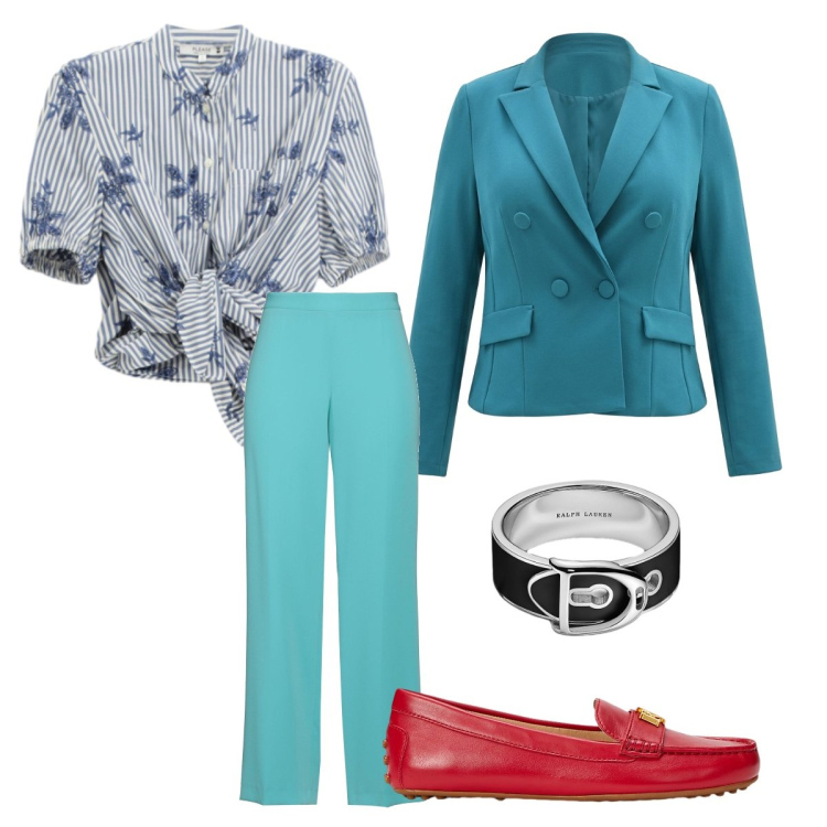 Outfit donna - Giugno colorato. Stile Preppy per Cerimonia. Abbinamento con pantaloni, blazer, camicie a manica corta, mocassini, anelli.