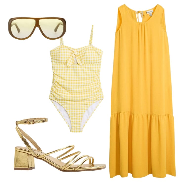 Outfit donna - Total look #2415684. Stile Basic per Mare. Abbinamento con costumi interi, sandali col tacco, vestiti lunghi, occhiali da sole.