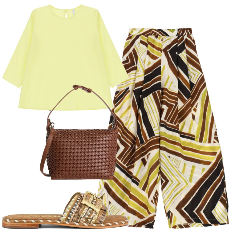 Outfit donna - Giugno. Stile Casual chic per Tutti i giorni. Abbinamento con top, borse a spalla, pantaloni a palazzo, ciabatte.
