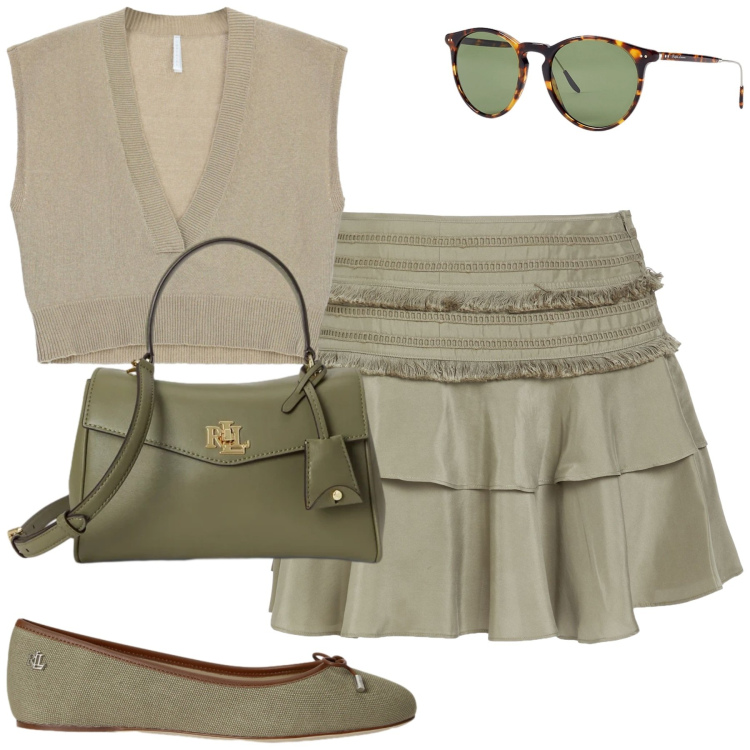 Outfit donna - City. Stile Urban per Tutti i giorni. Abbinamento con minigonne, top, occhiali da sole, ballerine, borse a mano.