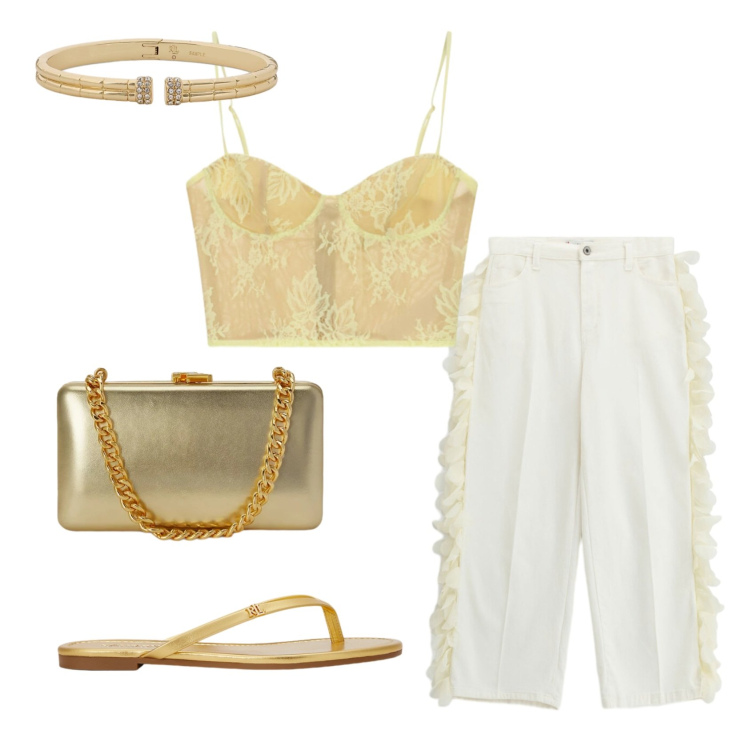 Outfit donna - Sera d\'estate. Stile Trendy per Mare. Abbinamento con canottiere, pantaloni, clutch, braccialetti, infradito.