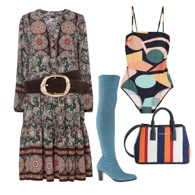 Outfit donna - Stampe e righe colorati. Stile Glamour per Tutti i giorni. Abbinamento con stivali sopra il ginocchio, vestiti, costumi interi, cinture, shopping bag.
