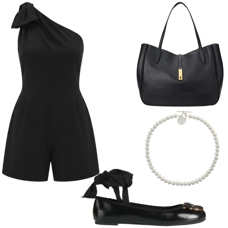 Outfit donna - Total black Total fashion. Stile Chic per Tutti i giorni. Abbinamento con ballerine, tuta corta, borse tote, collane.